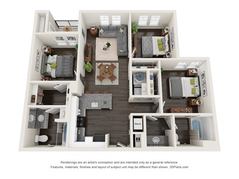 Floor plan for 3 beds, 2 baths, 1110 sqft
